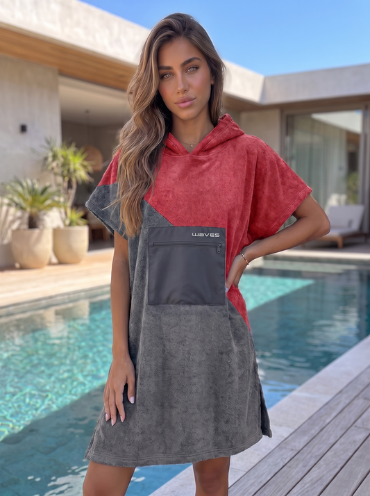 Poncho Waves ColorBlock Cinza Escuro e Vermelho - 100% algodão, NOPerfection